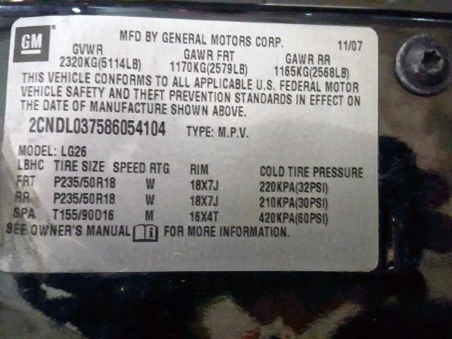 2CNDL037586054104 - 2008 CHEVROLET EQUINOX SP BLACK photo 10