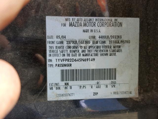 1YVFP82D645N69149 - 2004 MAZDA 6 S BLACK photo 10