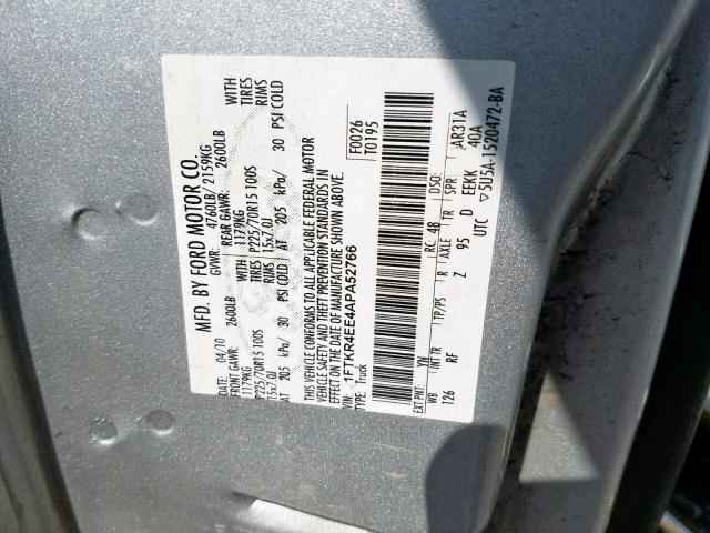 1FTKR4EE4APA52766 - 2010 FORD RANGER SUP SILVER photo 10