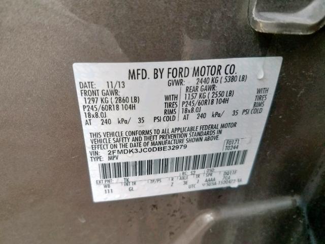 2FMDK3JC0DBE32979 - 2013 FORD EDGE SEL CHARCOAL photo 10