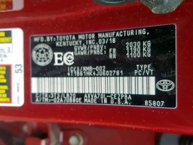 4T1B61HK4JU602781 - 2018 TOYOTA CAMRY XSE RED photo 10