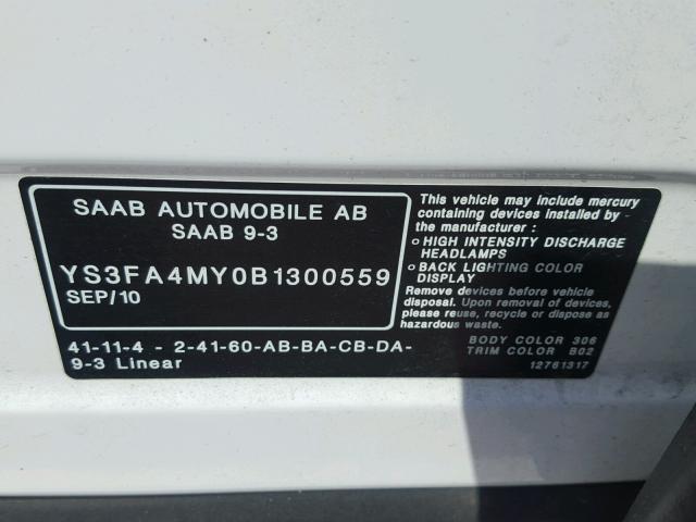 YS3FA4MY0B1300559 - 2011 SAAB 9-3 2.0T WHITE photo 10