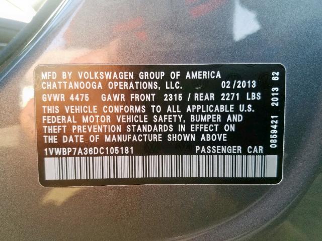 1VWBP7A36DC105181 - 2013 VOLKSWAGEN PASSAT SE GRAY photo 10