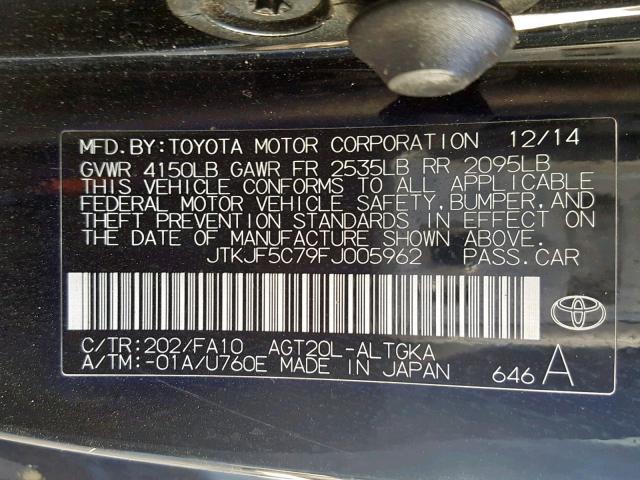 JTKJF5C79FJ005962 - 2015 TOYOTA SCION TC შავი ფოტო 10