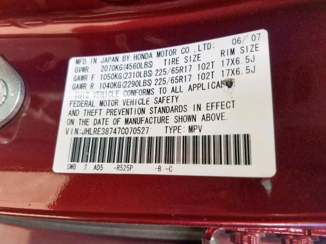 JHLRE38747C070527 - 2007 HONDA CR-V EXL BURGUNDY photo 10