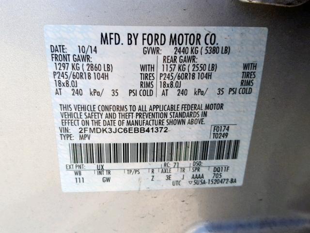 2FMDK3JC6EBB41372 - 2014 FORD EDGE SEL SILVER photo 10