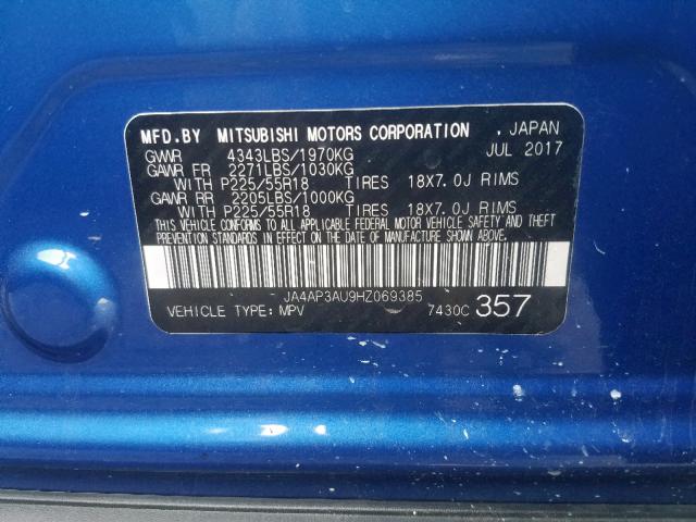 JA4AP3AU9HZ069385 - 2017 MITSUBISHI OUTLANDER BLUE photo 10