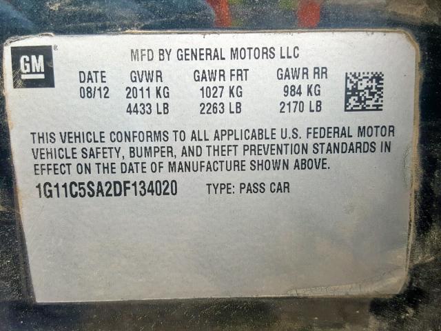 1G11C5SA2DF134020 - 2013 CHEVROLET MALIBU 1LT 黑色 照片 10