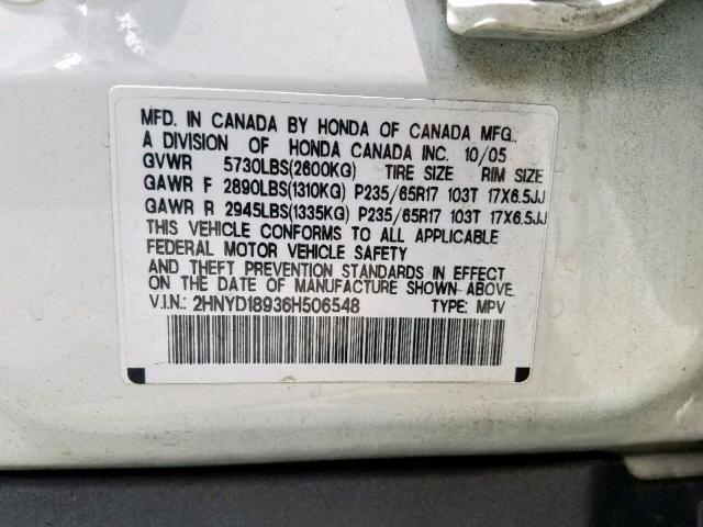 2HNYD18936H506548 - 2006 ACURA MDX TOURIN WHITE photo 10