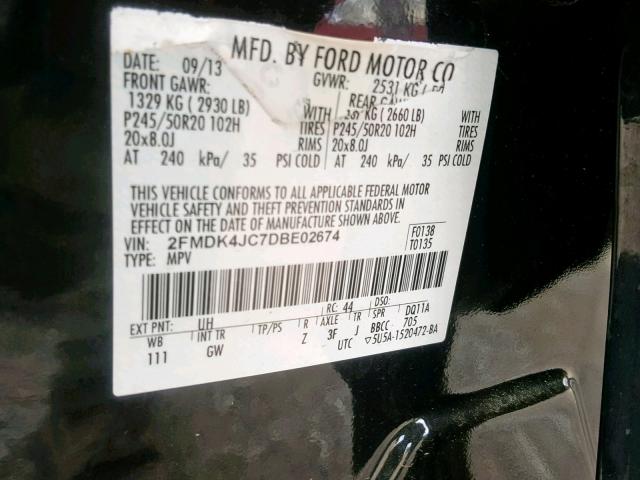 2FMDK4JC7DBE02674 - 2013 FORD EDGE SEL BLACK photo 10