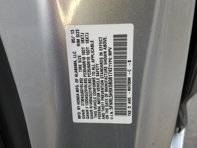 5FNRL5H9XDB081742 - 2013 HONDA ODYSSEY TO SILVER photo 10