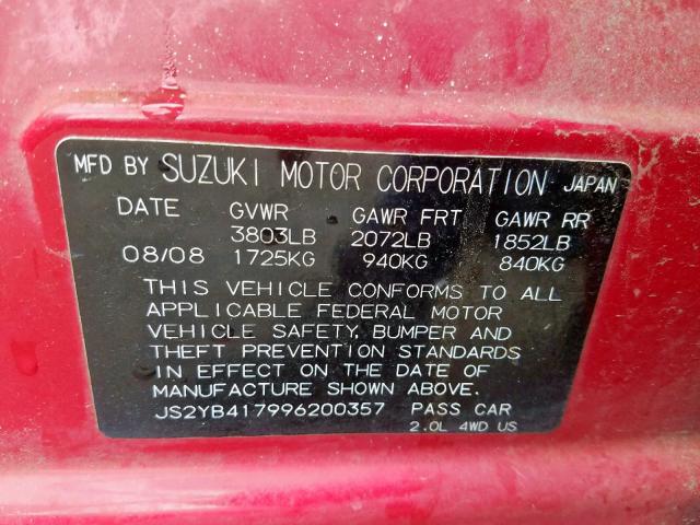 JS2YB417996200357 - 2009 SUZUKI SX4 TOURIN RED photo 10