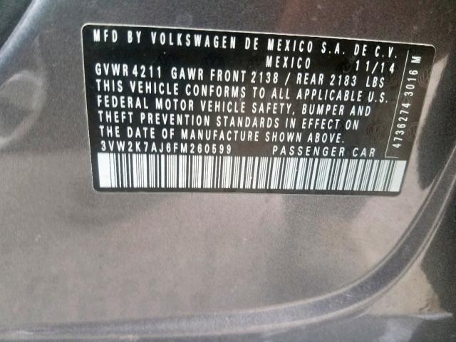 3VW2K7AJ6FM260599 - 2015 VOLKSWAGEN JETTA BASE GRAY photo 10