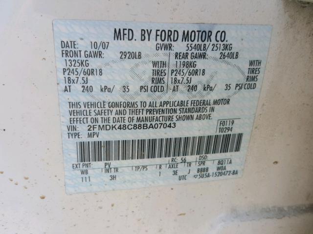 2FMDK48C88BA07043 - 2008 FORD EDGE SEL WHITE photo 10