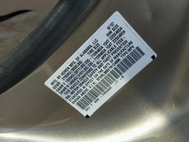 5FNRL38827B124986 - 2007 HONDA ODYSSEY TO TAN photo 10