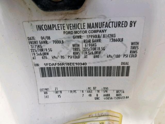 1FDAF56R18EE10340 - 2008 FORD F550 SUPER WHITE photo 10