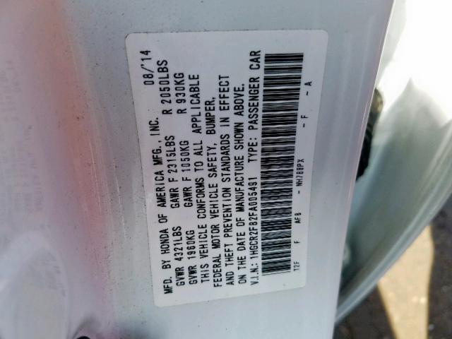 1HGCR2F82FA005491 - 2015 HONDA ACCORD EXL WHITE photo 10