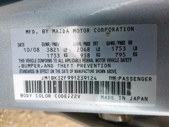 JM1BK32F991239124 - 2009 MAZDA 3 I SILVER photo 10