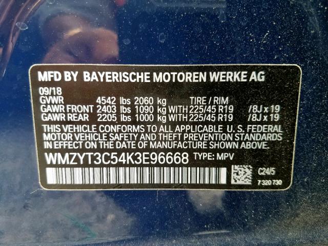 WMZYT3C54K3E96668 - 2019 MINI COOPER S C BLUE photo 10