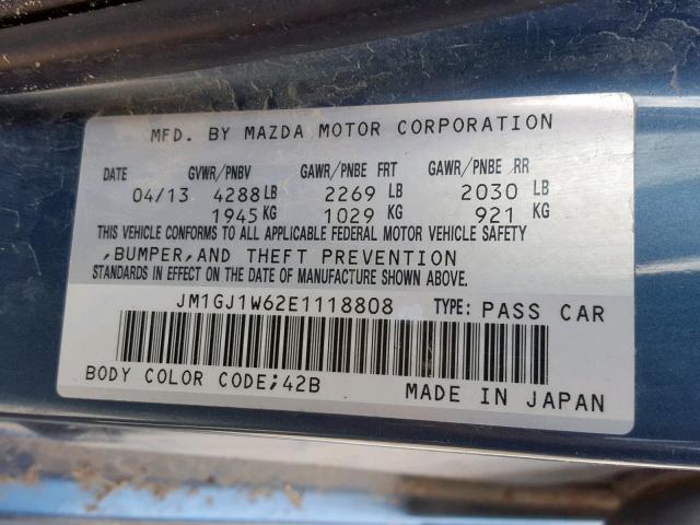 JM1GJ1W62E1118808 - 2014 MAZDA 6 GRAND TO BLUE photo 10