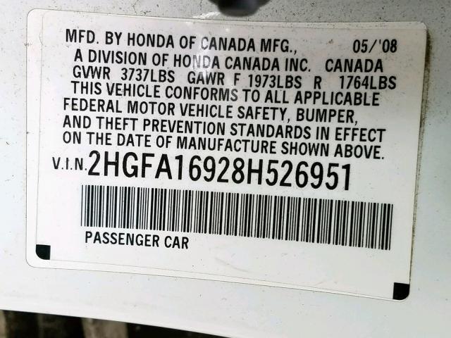 2HGFA16928H526951 - 2008 HONDA CIVIC EXL Սպիտակ լուսանկար 10