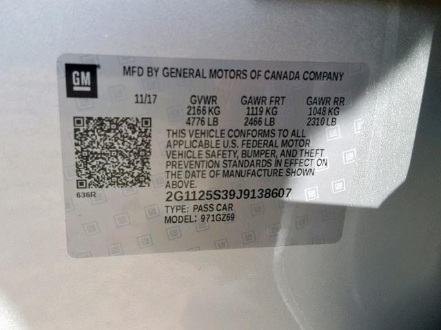 2G1125S39J9138607 - 2018 CHEVROLET IMPALA PRE SILVER photo 10