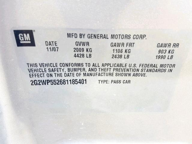 2G2WP552681185401 - 2008 PONTIAC GRAND PRIX SILVER photo 10