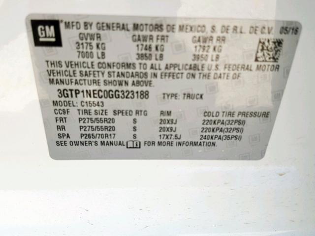 3GTP1NEC0GG323188 - 2016 GMC SIERRA C15 WHITE photo 10