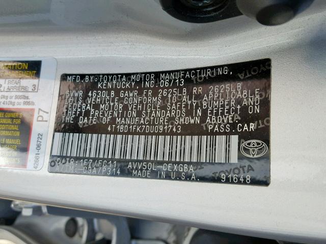 4T1BD1FK7DU091743 - 2013 TOYOTA CAMRY HYBR SILVER photo 10