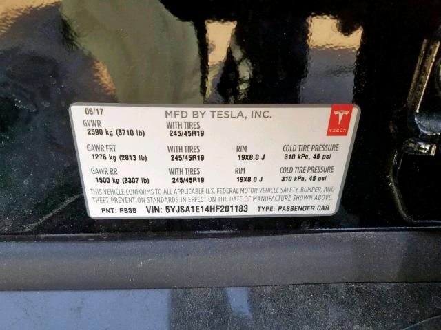 5YJSA1E14HF201183 - 2017 TESLA MODEL S BLACK photo 10