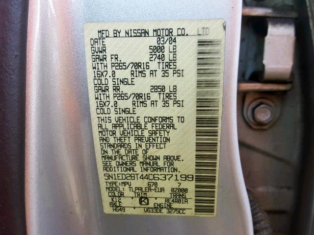 5N1ED28T44C637199 - 2004 NISSAN XTERRA XE SILVER photo 10