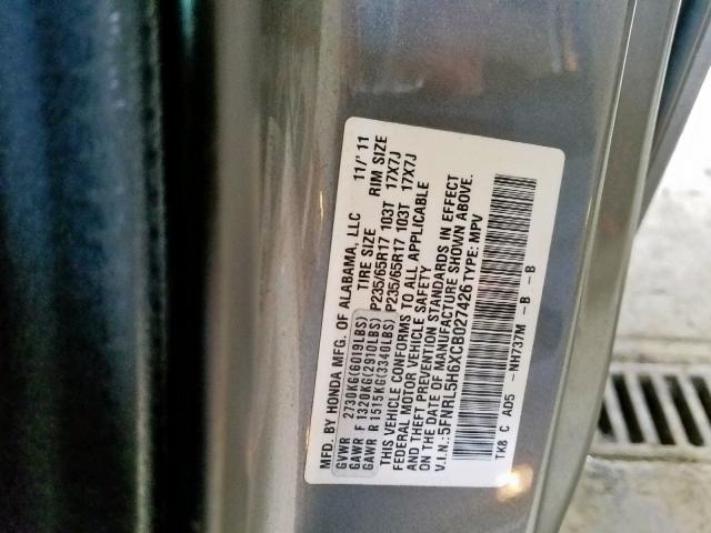 5FNRL5H6XCB027426 - 2012 HONDA ODYSSEY EX GRAY photo 10