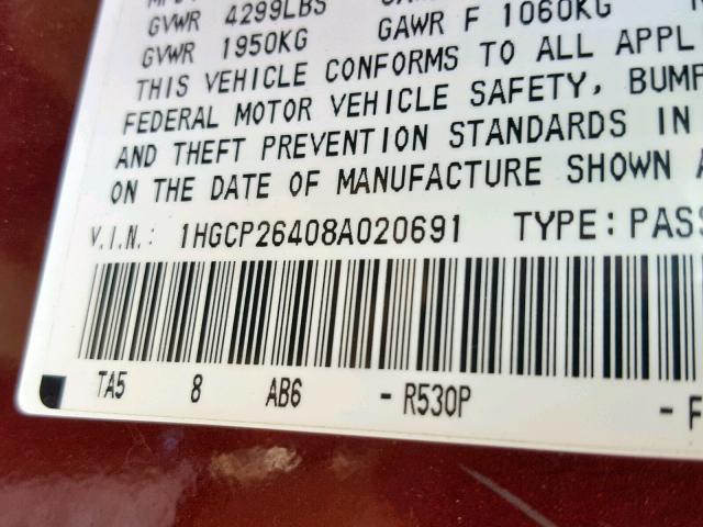 1HGCP26408A020691 - 2008 HONDA ACCORD LXP BURGUNDY photo 10