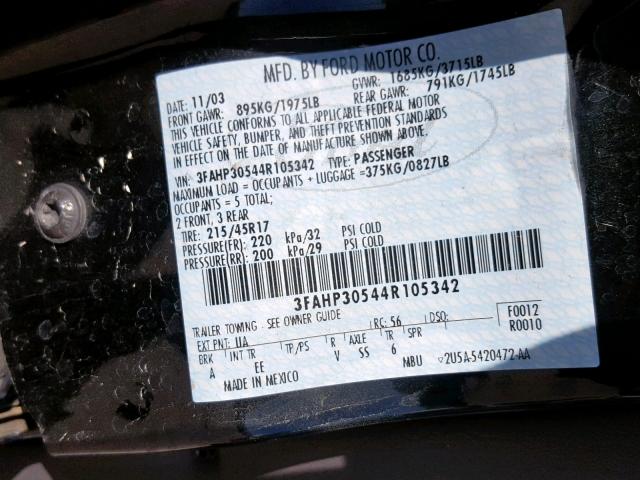 3FAHP30544R105342 - 2004 FORD FOCUS ZX5 BLACK photo 10