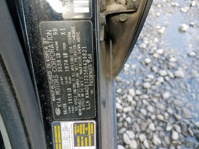 KNADE123586429821 - 2008 KIA RIO BASE BLACK photo 10