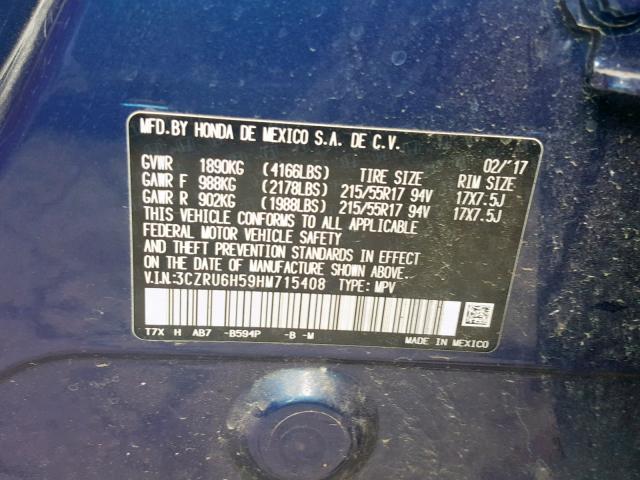 3CZRU6H59HM715408 - 2017 HONDA HR-V EX BLUE photo 10