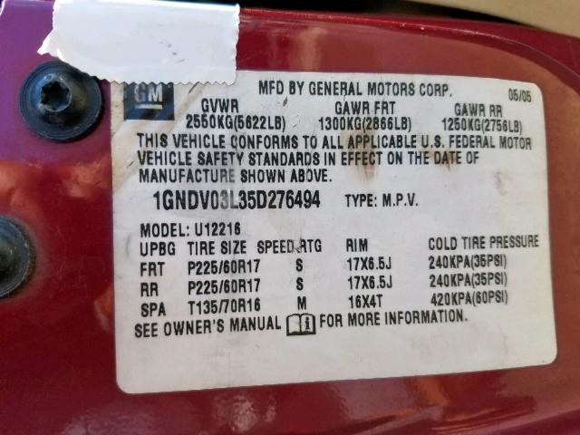 1GNDV03L35D276494 - 2005 CHEVROLET UPLANDER RED photo 10