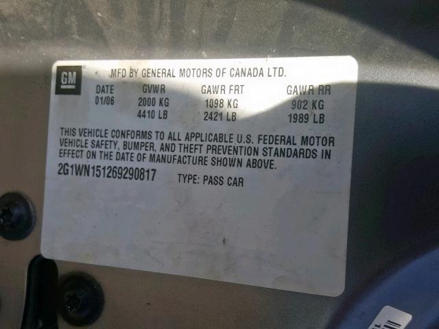2G1WN151269290817 - 2006 CHEVROLET MONTE CARL ნაცრისფერი ფოტო 10