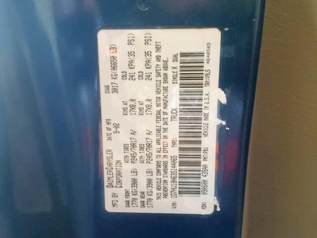 1D7HU18N63S144065 - 2003 DODGE RAM 1500 S BLUE photo 10