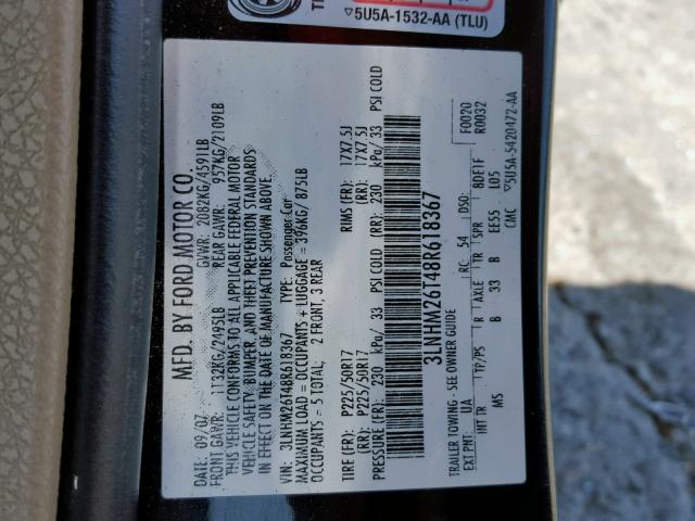 3LNHM26T48R618367 - 2008 LINCOLN MKZ BLACK photo 10