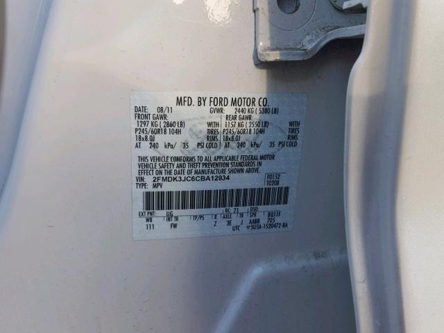 2FMDK3JC6CBA12934 - 2012 FORD EDGE SEL WHITE photo 10