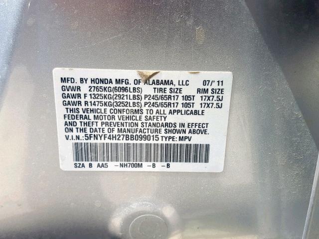 5FNYF4H27BB099015 - 2011 HONDA PILOT LX SILVER photo 10