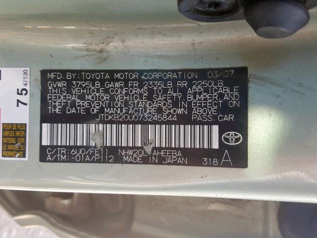 JTDKB20U073245844 - 2007 TOYOTA PRIUS GREEN photo 10