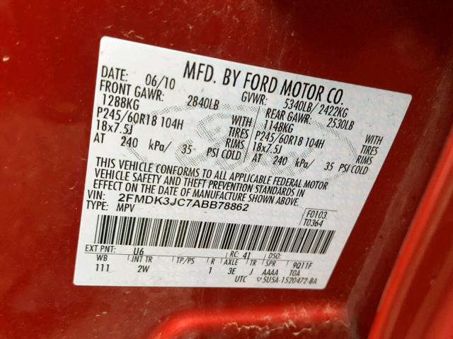 2FMDK3JC7ABB78862 - 2010 FORD EDGE SEL RED photo 10