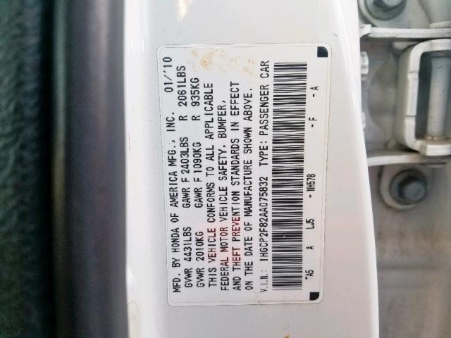 1HGCP2F82AA075832 - 2010 HONDA ACCORD EXL WHITE photo 10