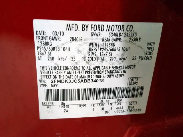 2FMDK3JC5ABB34018 - 2010 FORD EDGE SEL RED photo 10