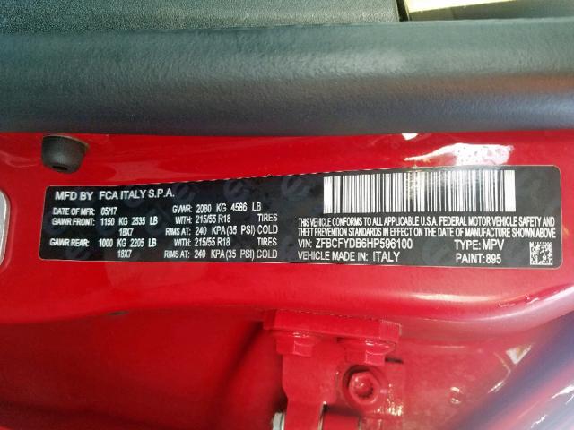 ZFBCFYDB6HP596100 - 2017 FIAT 500X LOUNG RED photo 10