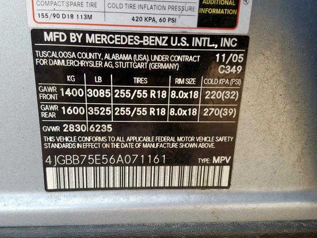 4JGBB75E56A071161 - 2006 MERCEDES-BENZ ML 500 BLUE photo 10