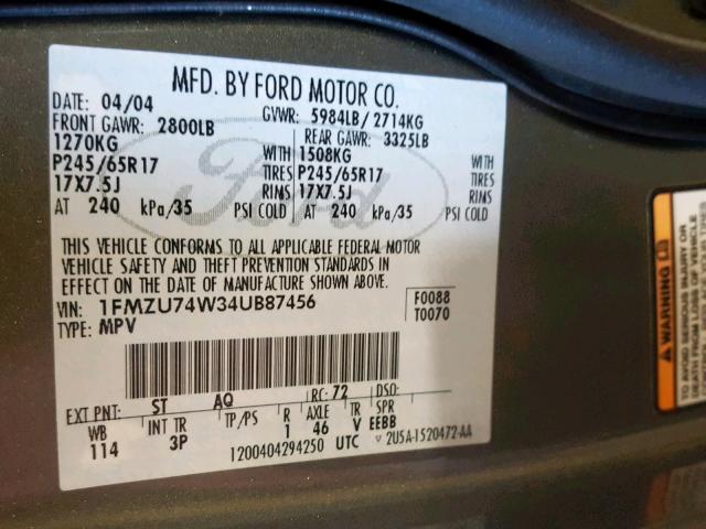 1FMZU74W34UB87456 - 2004 FORD EXPLORER E GREEN photo 10