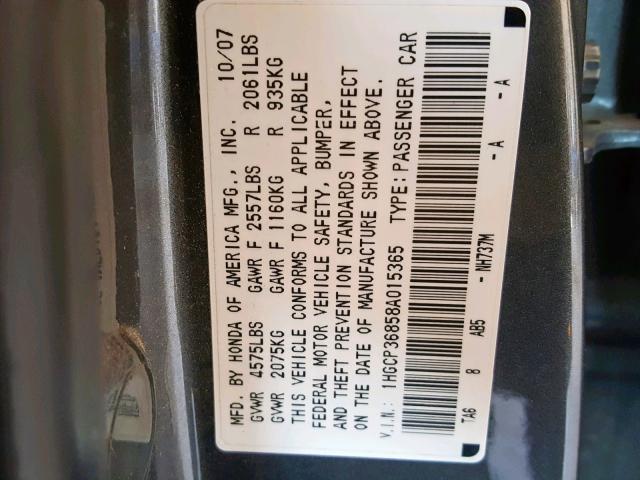 1HGCP36858A015365 - 2008 HONDA ACCORD EXL GRAY photo 10